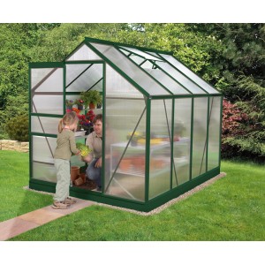 Vitavia Gewächshaus Venus 5000, 5 m², grün, mit Mann und Kind im Garten.