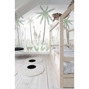 ESTAhome Fototapete Dschungeltiere in Grün, Grau und Braun im Kinderzimmer.