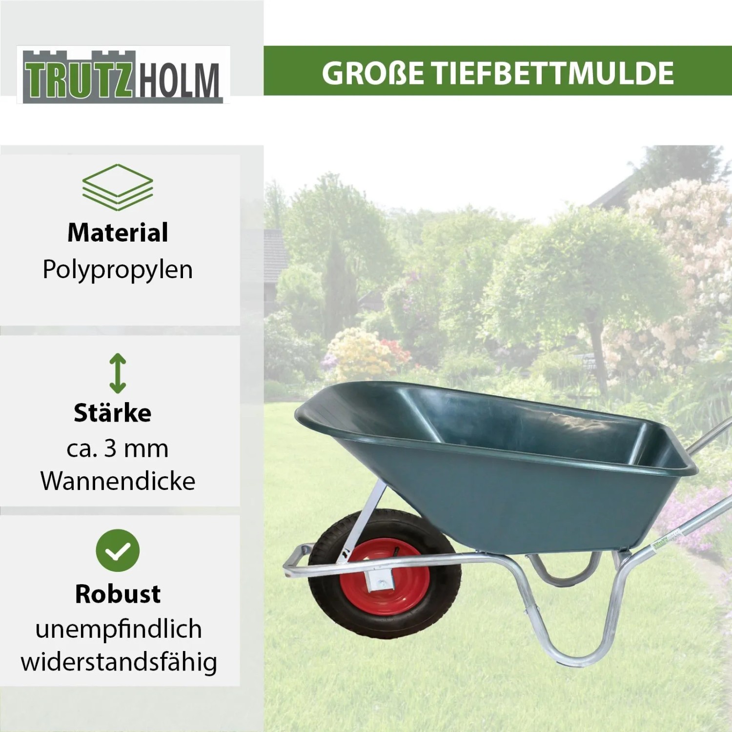 TRUTZHOLM Einrad-Schubkarre 100 Liter – Bis 250 Kg Tragkraft, Kunststoffmulde Für Garten & Baustelle