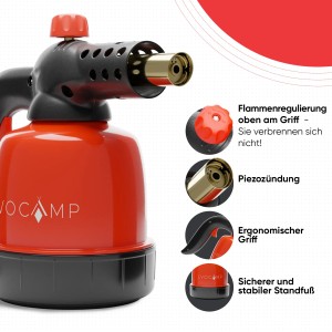 EVOCAMP Gasbrenner 1,3 kW mit Piezozündung und Gaskartuschen für Küche und Werkstatt.