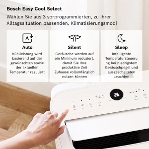 Weißes Bosch Klimagerät Cool 2000 mit Display und Hand, die einen Modus auswählt.
