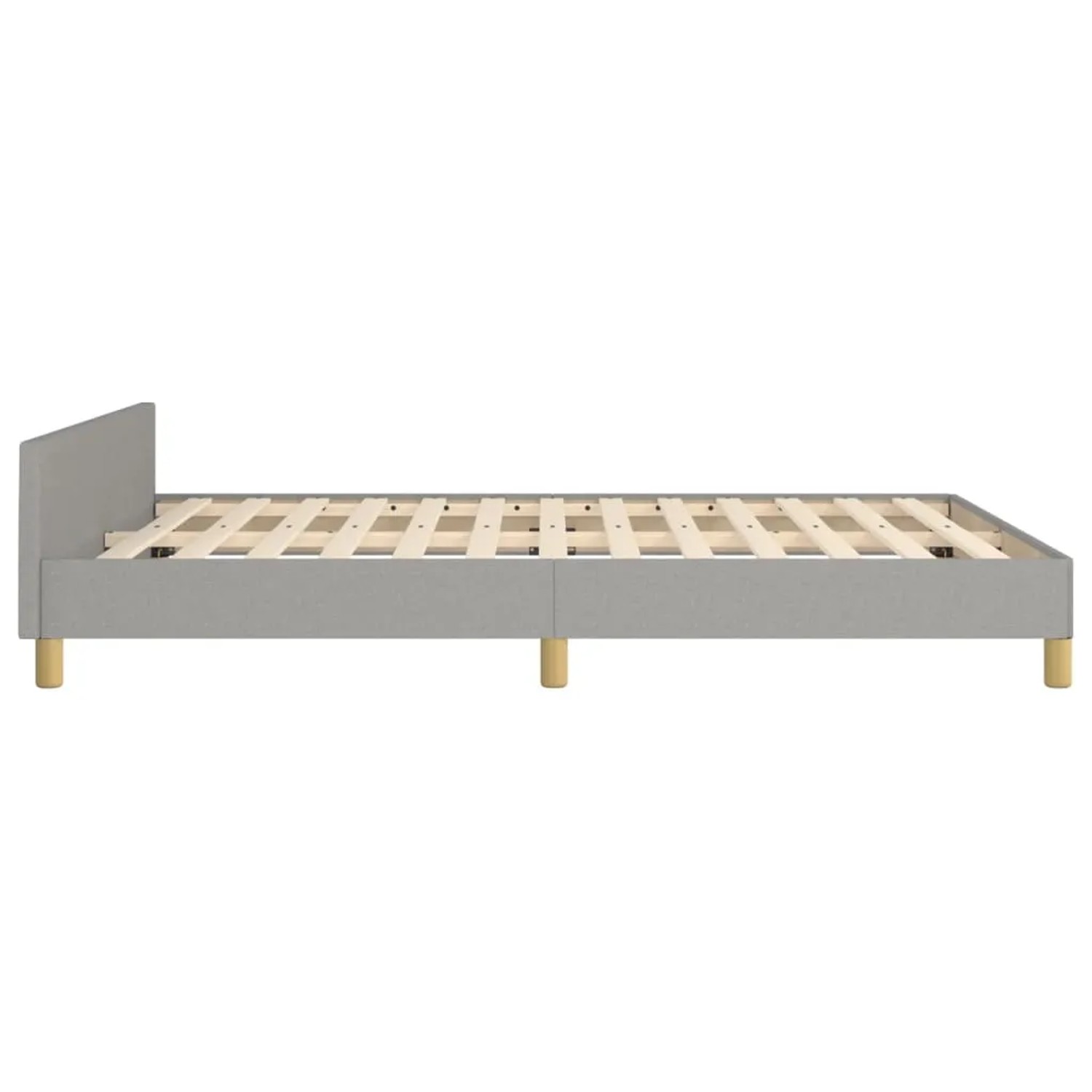 Hellgraues Stoff-Bettgestell (140x190 cm) mit Kopfteil. Bett mit Holzlattenrost und Füßen.