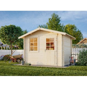 Hellgrau-anthrazitfarbenes Palmako Gartenhaus Klara aus Holz mit Fenster und Tür.