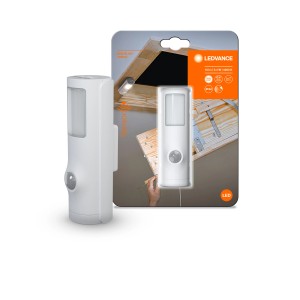 Weiße Ledvance LED-Leuchte Nightlux Torch mit Licht- und Bewegungsmelder für Wandmontage.