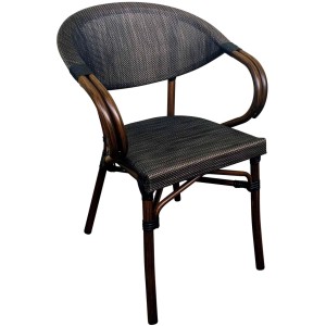 CLP Bistrostuhl Madetta Coffee, Gartenstuhl mit Armlehnen, dunkelbraunem Stoffgeflecht und Aluminiumgestell.