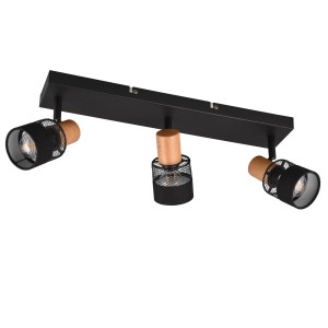 Schwarze Trio Nandini 3er Spotleuchte mit Holzdetails und Stoffschirmen für Wand- oder Deckenmontage.