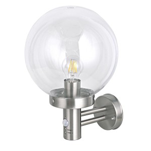 Dapo Außenwandleuchte Dubrowk mit Bewegungsmelder, Edelstahl, klare Kugel