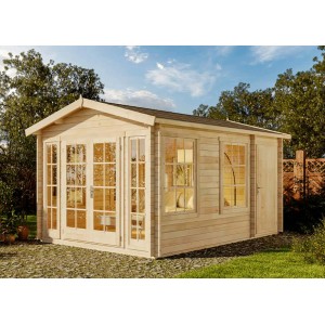 Naturbelassenes Alpholz Gartenhaus Kim-40 mit Satteldach, Doppel- und Einzeltür sowie Fenstern.