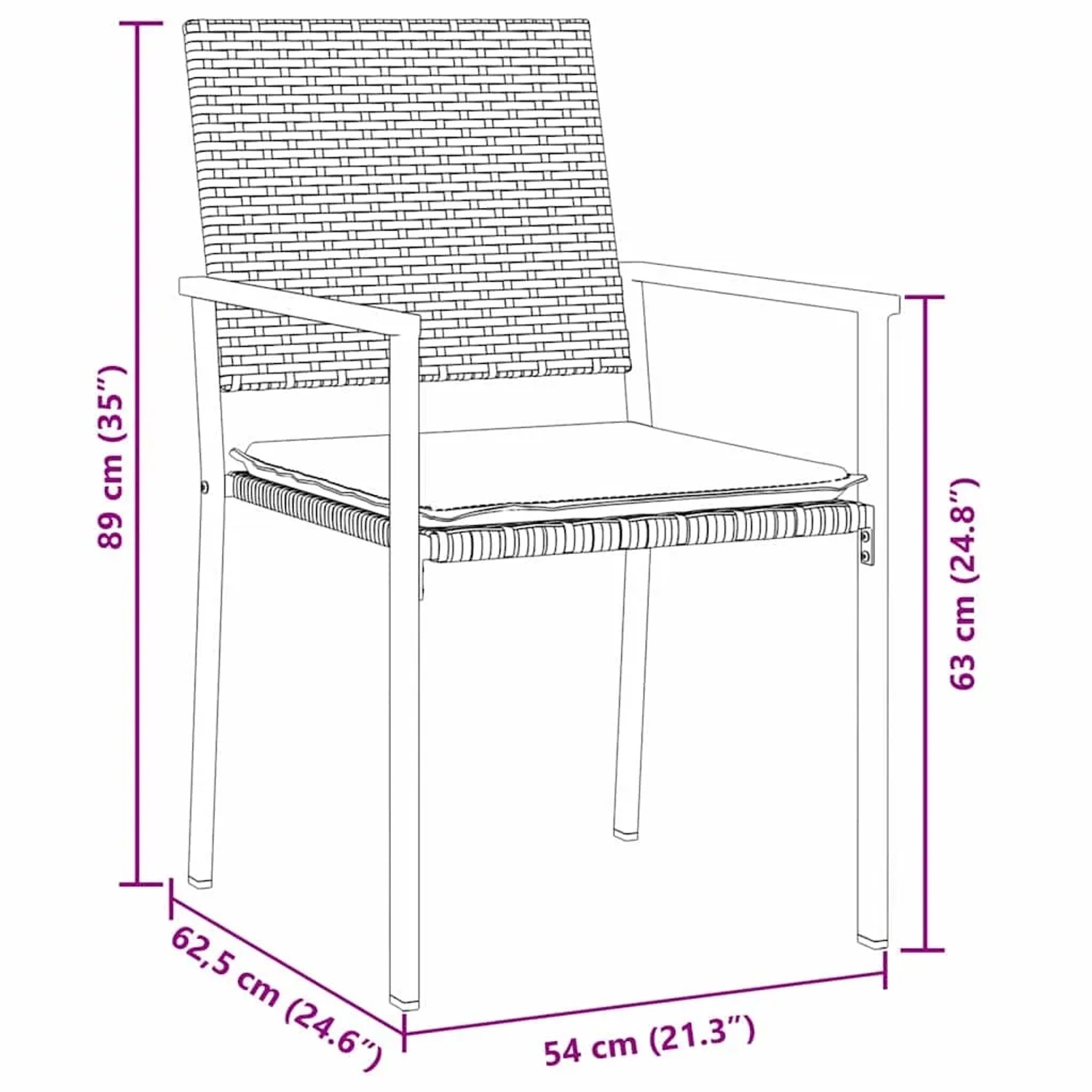 vidaXL Gartenstuhl, schwarz, Poly Rattan, mit Maßangaben. Teil der 5-tlg. Essgruppe.