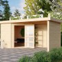 Unbehandeltes Karibu Holz-Gartenhaus Linköbing mit Flachdach und Anbau, 209x213 cm.