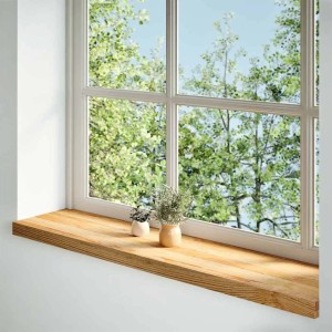 Helle Eichenholz Fensterbank, 100x25 cm, mit zwei Deko-Pflanzen am Fenster. Massivholz, hellbraun.
