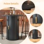 Merax Bartisch Set: Runder, dunkler Bartisch mit Stauraum, goldenem Griff, MDF-Platte und 2 Barhockern mit braunen Sitzen.