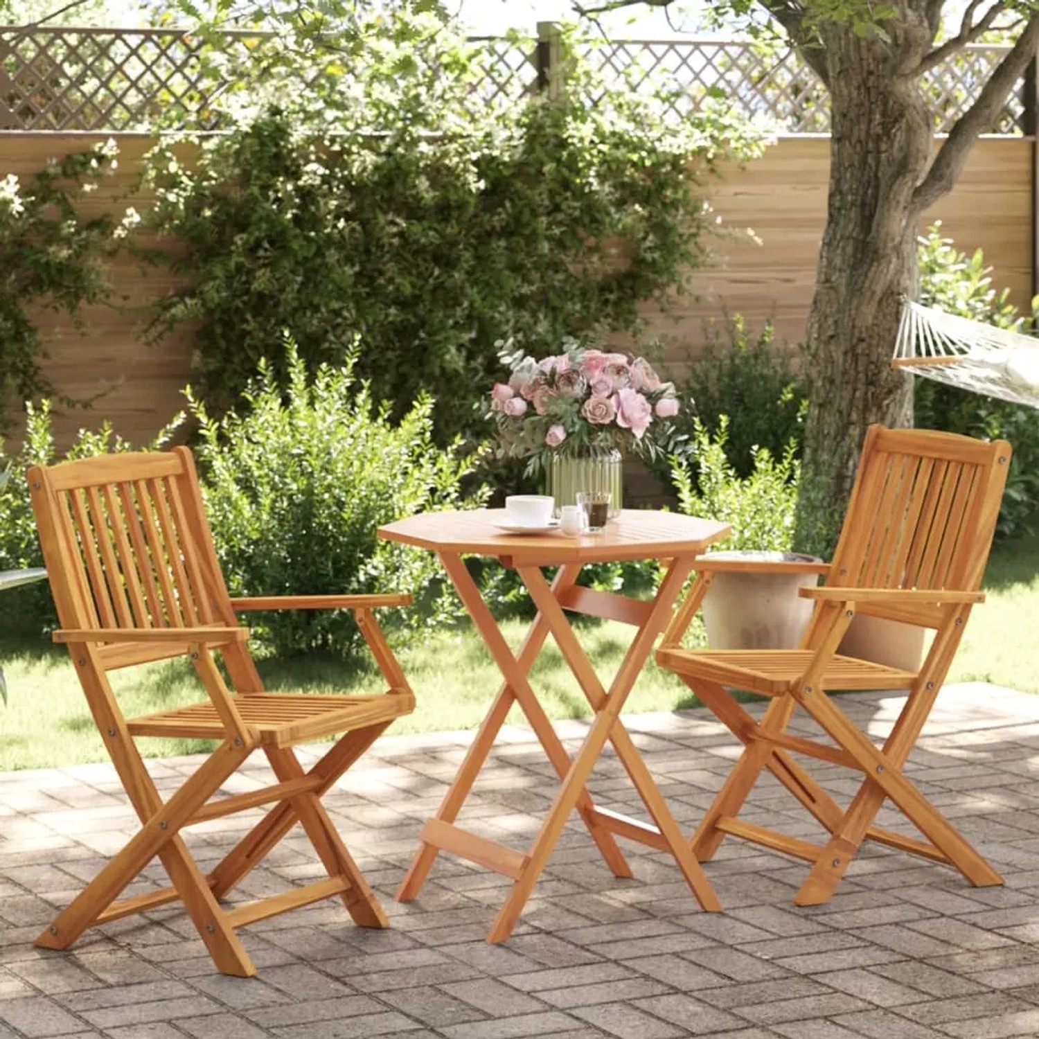 Klappbares 3-tlg. Akazienholz Bistro-Set für Garten, Terrasse oder Balkon.