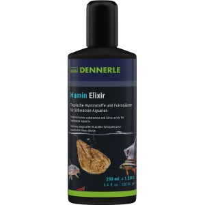 Dennerle Humin Elixier Wasseraufbereiter 250 ml für Aquarien. Schwarze Flasche mit tropischen Fischen und Huminstoff-Illustration.