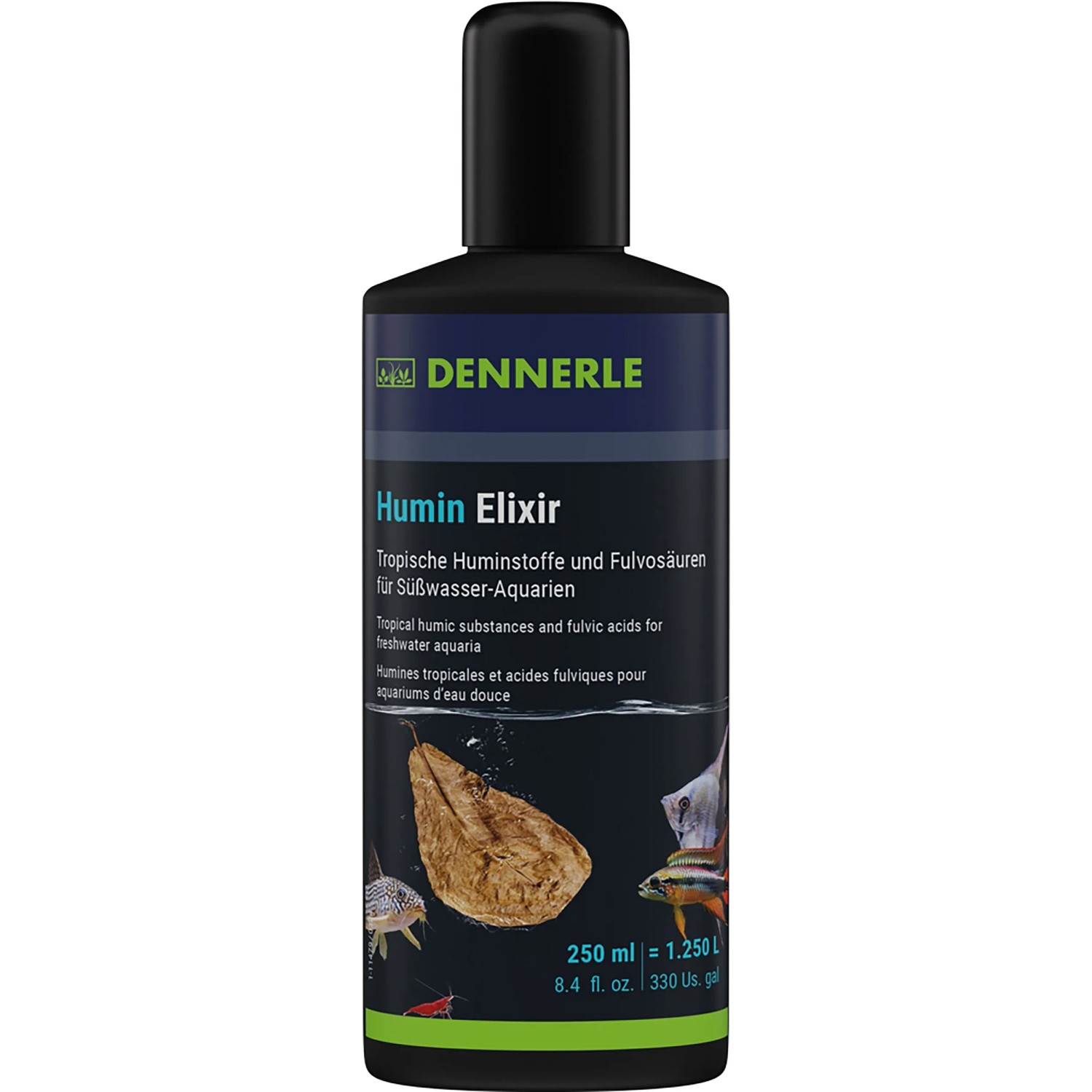 Dennerle Humin Elixier Wasseraufbereiter 250 ml für Aquarien. Schwarze Flasche mit tropischen Fischen und Huminstoff-Illustration.