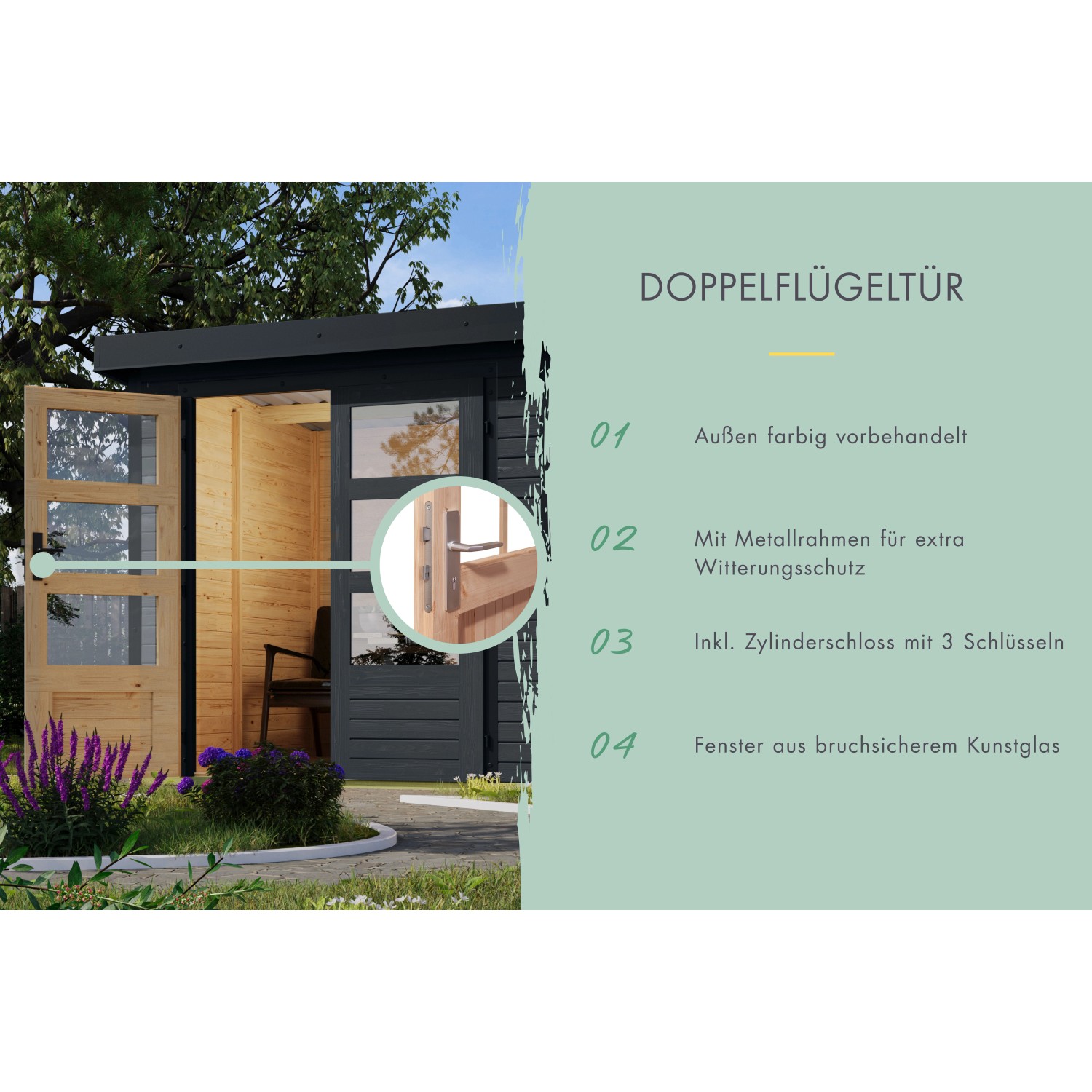 Karibu Gartenhaus Ernesto 5 C m. Anbaudach Anthrazit/Grau 209 x 298 x