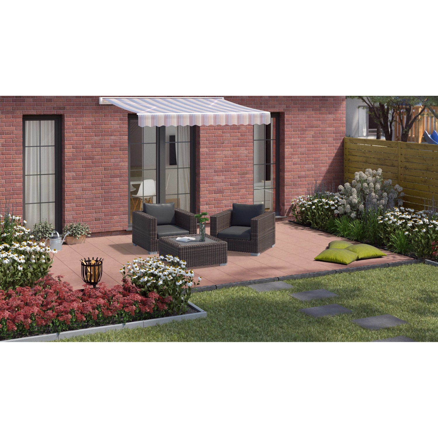 Verlegte, rote Turin Terrassenplatten 40x40 cm mit Sitzgruppe auf Terrasse im Garten.