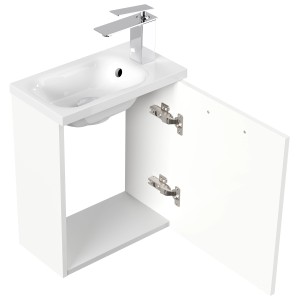 Posseik Badmöbel Pieni Slimline, 40 cm, Weiß Hochglanz mit offenstehender Tür.