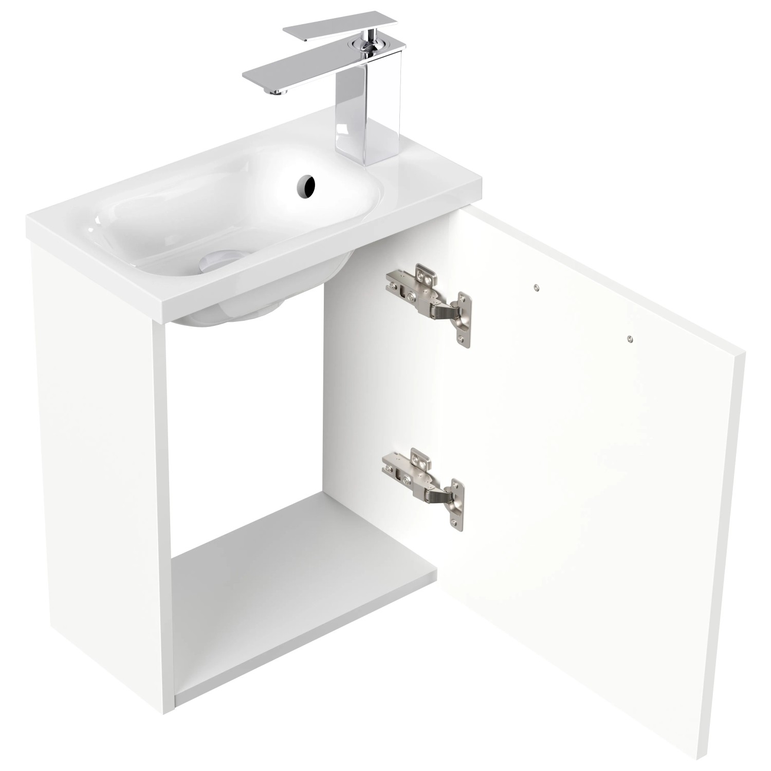 Posseik Badmöbel Pieni Slimline, 40 cm, Weiß Hochglanz mit offenstehender Tür.