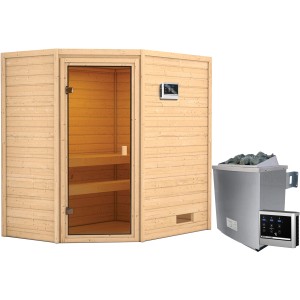 Woodfeeling Sauna Jella mit Ofen und Glastür, Massivholz für entspanntes Saunieren.