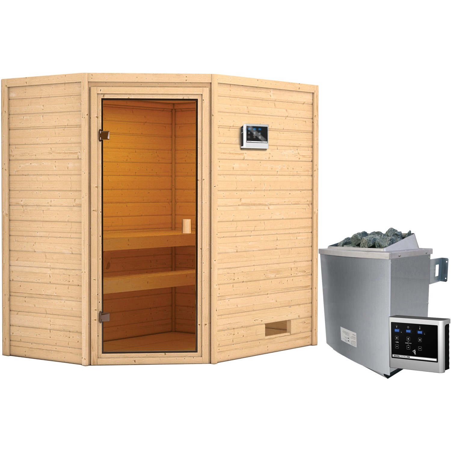 Woodfeeling Sauna Jella inkl. 9 kW Ofen mit ext. Strg., Glastür Bronziert