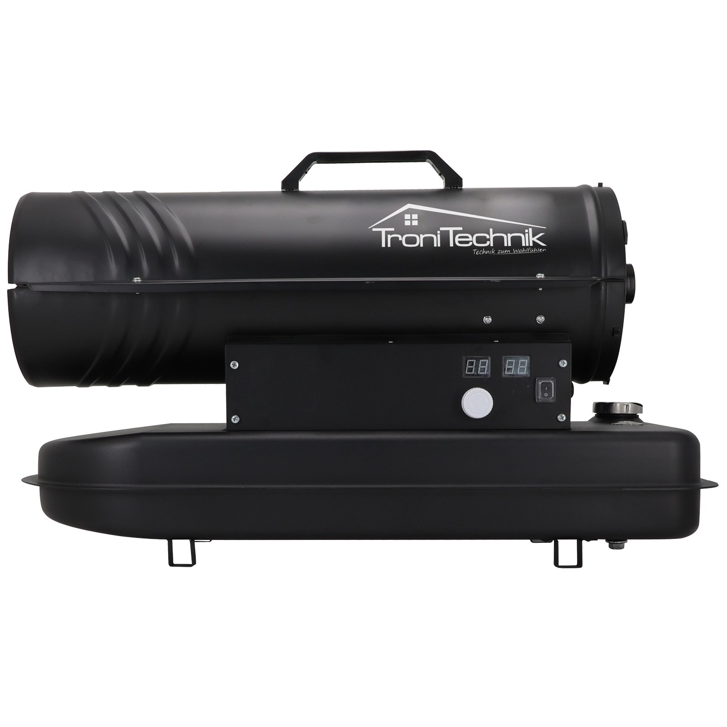 Schwarze TroniTechnik Diesel Heizkanone 20kW mit 19l Tank und Tragegriff.