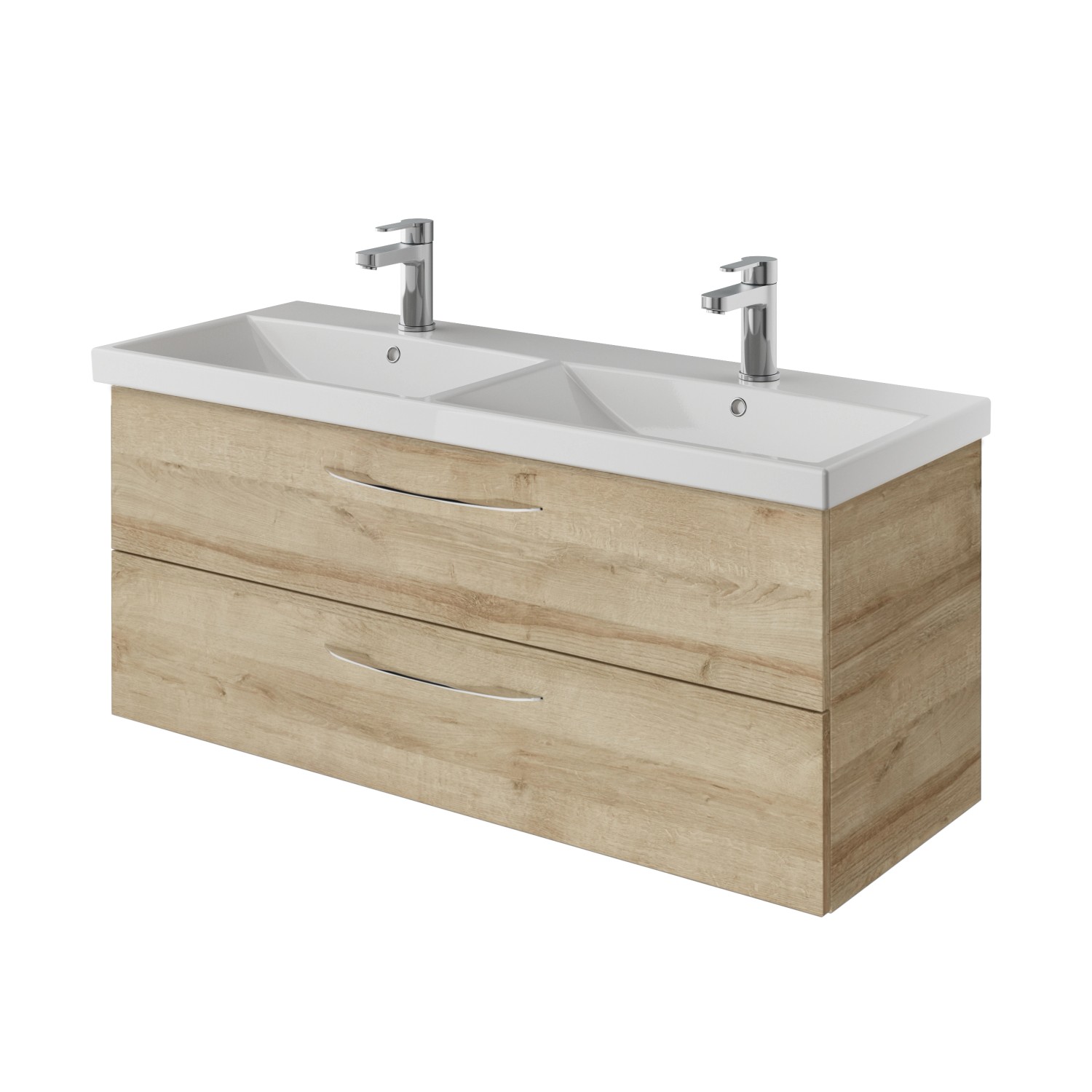Pelipal Badmöbel-Set Serie 4035, 3-tlg., Riviera Eiche: Waschtischunterschrank mit Doppelwaschbecken und zwei Schubladen.