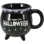 Schwarze Halloween Tasse in Kesselform mit Spinnennetz und Schriftzug Happy Halloween.