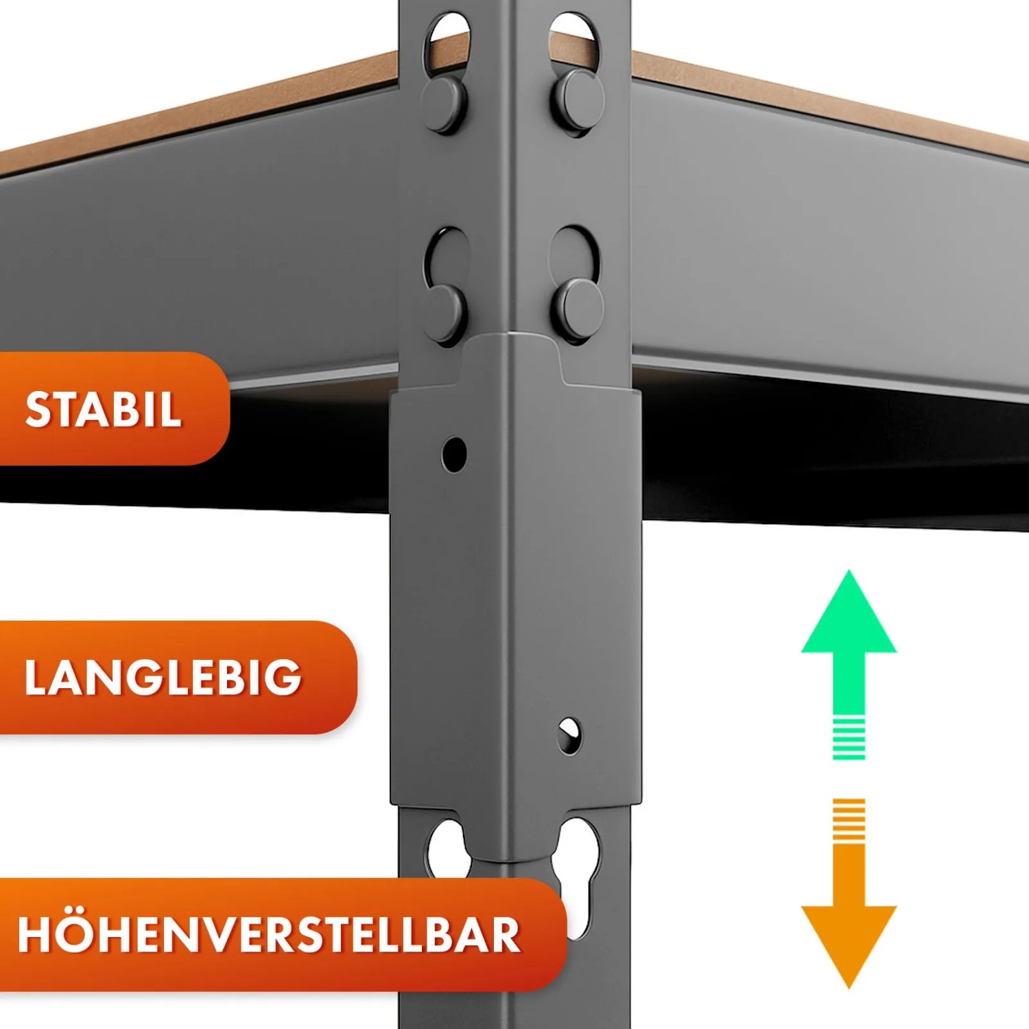 Detailaufnahme: KARAT Schwerlastregal Rhino, anthrazit-grau, mit Höhenverstellung und Stecksystem.