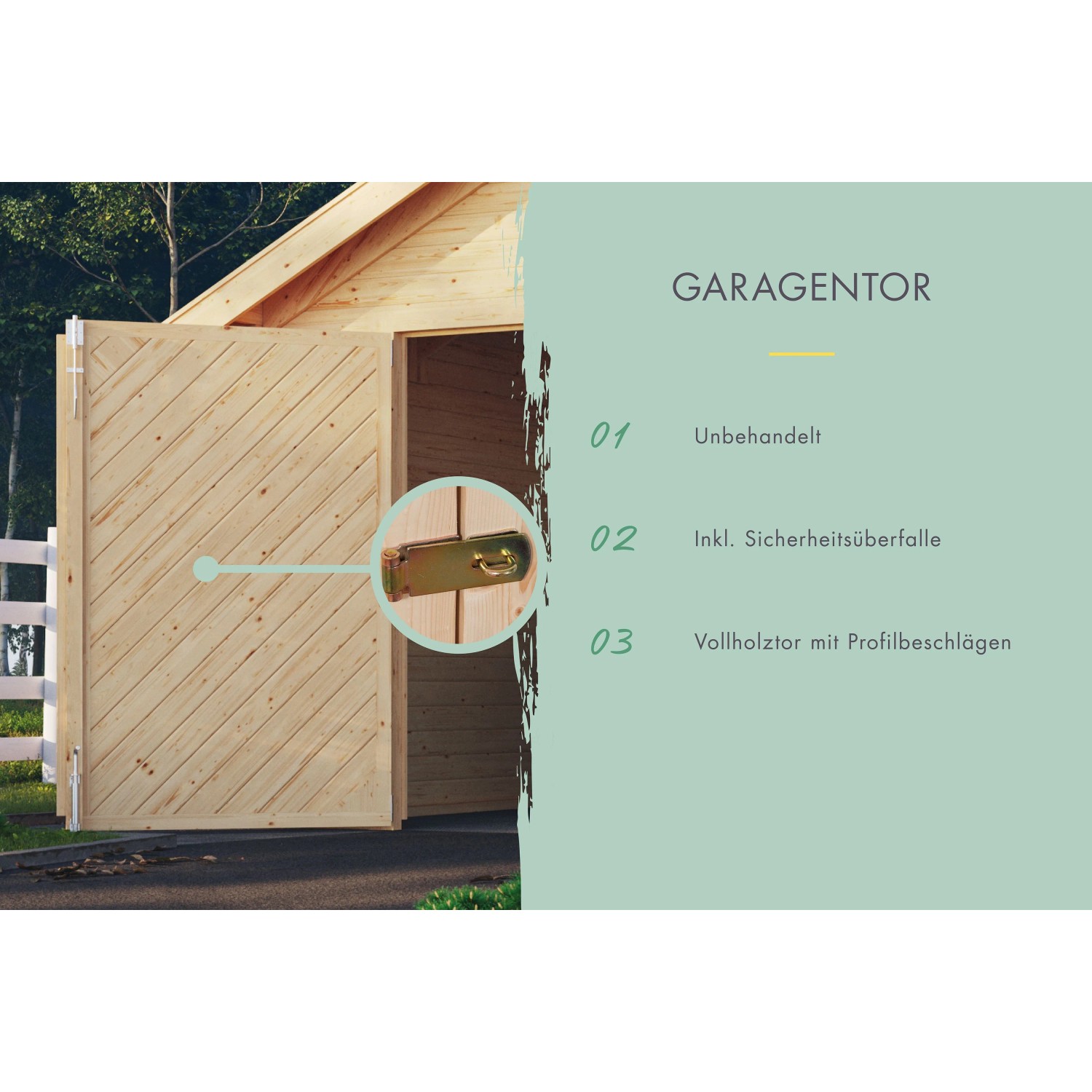 Karibu Garage: Detailansicht Garagentor aus Holz mit Sicherheitsüberfalle und Profilbeschlägen.