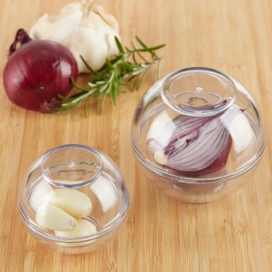 Relaxdays Zwiebeldosen 2er Set, transparente Kunststoffbehälter mit Zwiebel und Knoblauch.