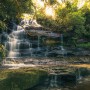 Vlies Fototapete Golden Falls: Mehrstufiger Wasserfall im Wald, Sonnenlicht bricht durch das Blätterdach.