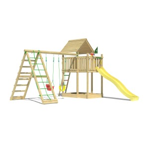 Jungle Gym Spielturm mit Doppelschaukel, Kletterbock und gelber Rutsche.