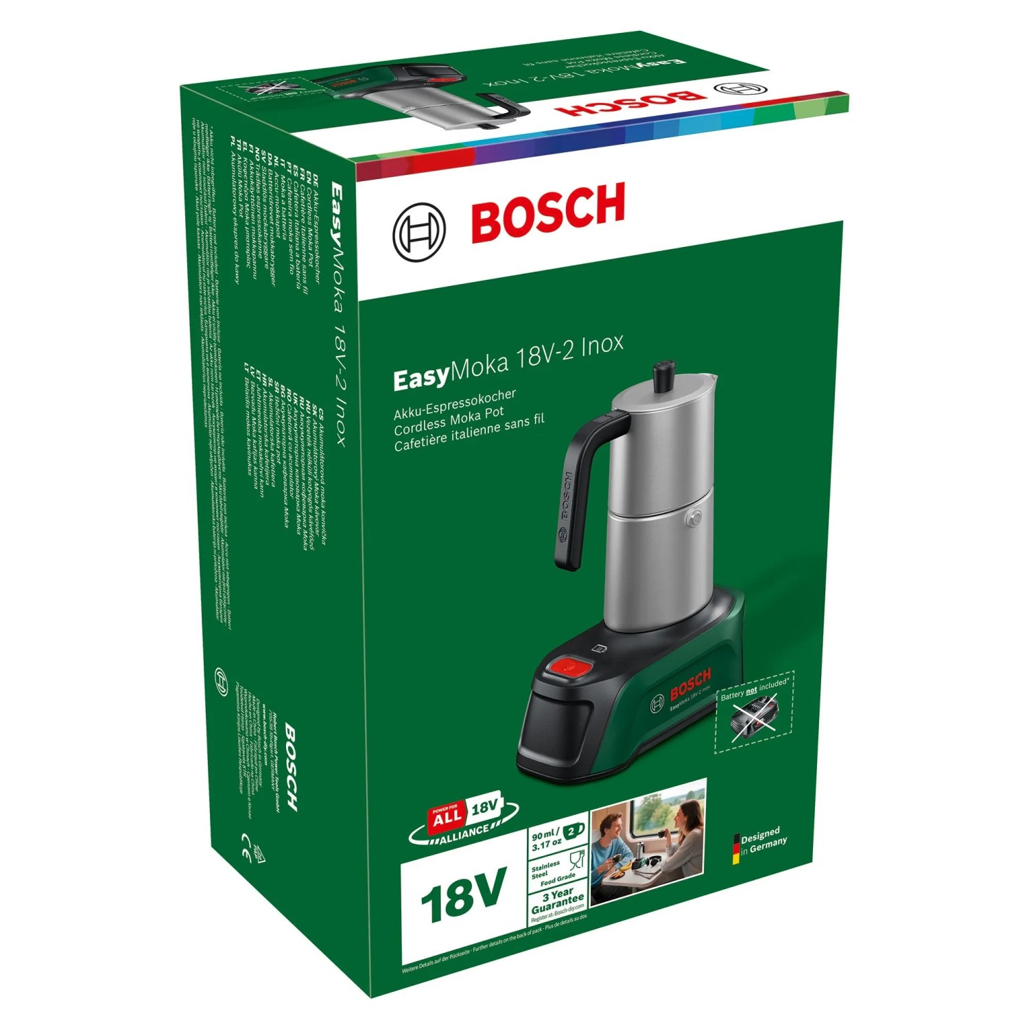 Verpackung des Bosch Akku-Espressokochers EasyMoka 18V-2 Inox. Grüner Karton mit Produktabbildung.