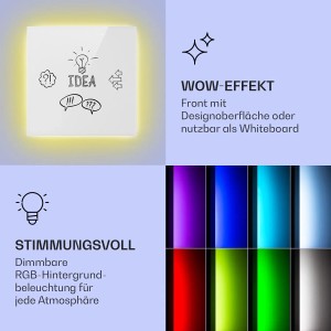 Klarstein Mojave 2-in-1 Heizgerät, weiß, als Whiteboard mit gelbem Licht. Zeigt dimmbare RGB-Beleuchtung des Infrarot Konvektors.