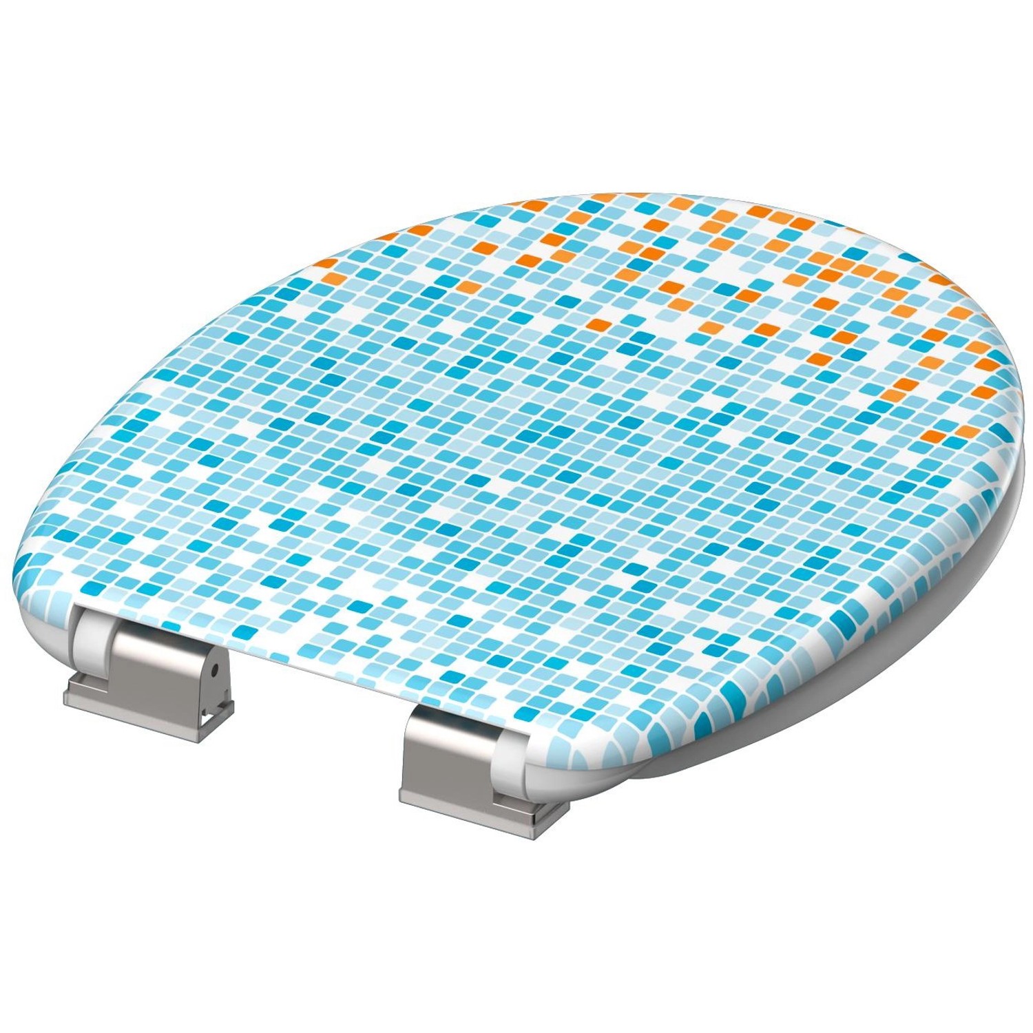 WC-Sitz Duroplast mit Mosaik in Blau-Orange und Absenkautomatik.