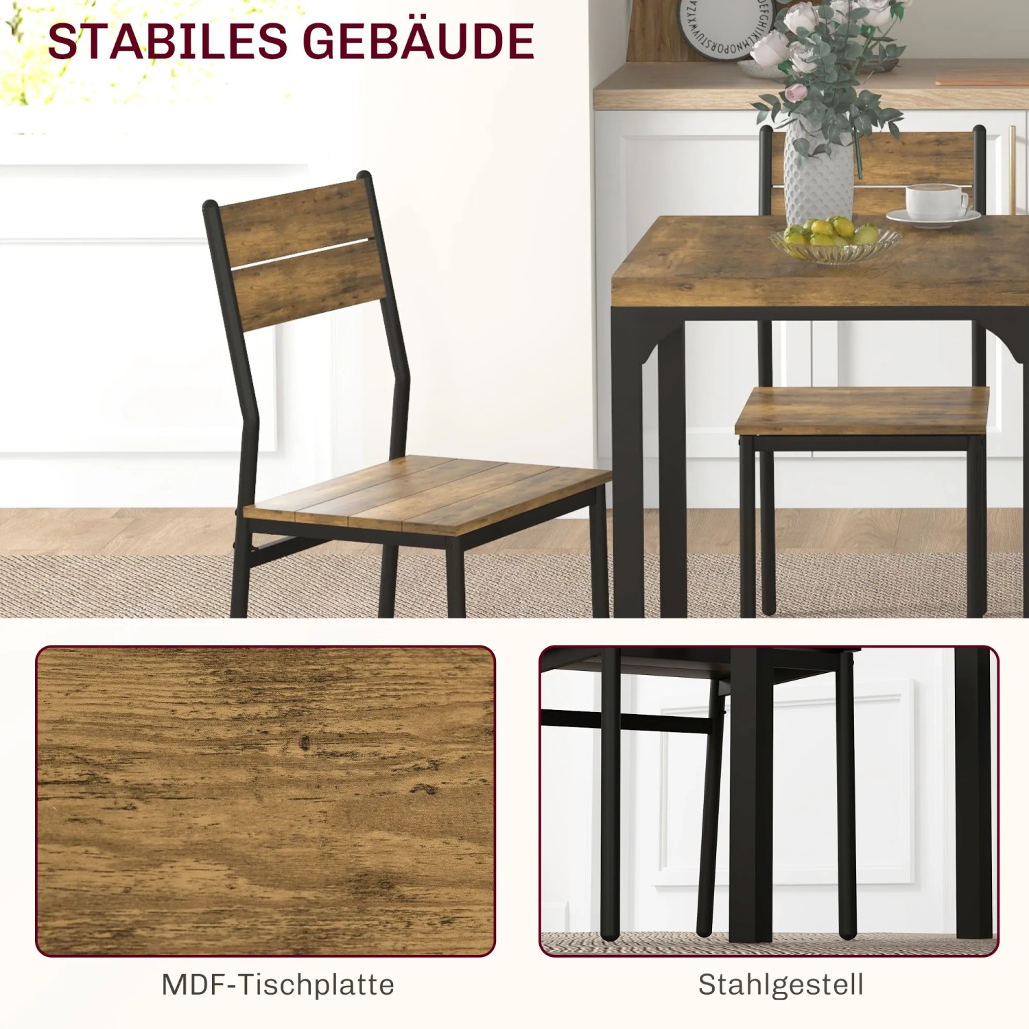 HOMCOM Essgruppe im Landhausstil mit Tisch und zwei Stühlen in Braun und Schwarz.