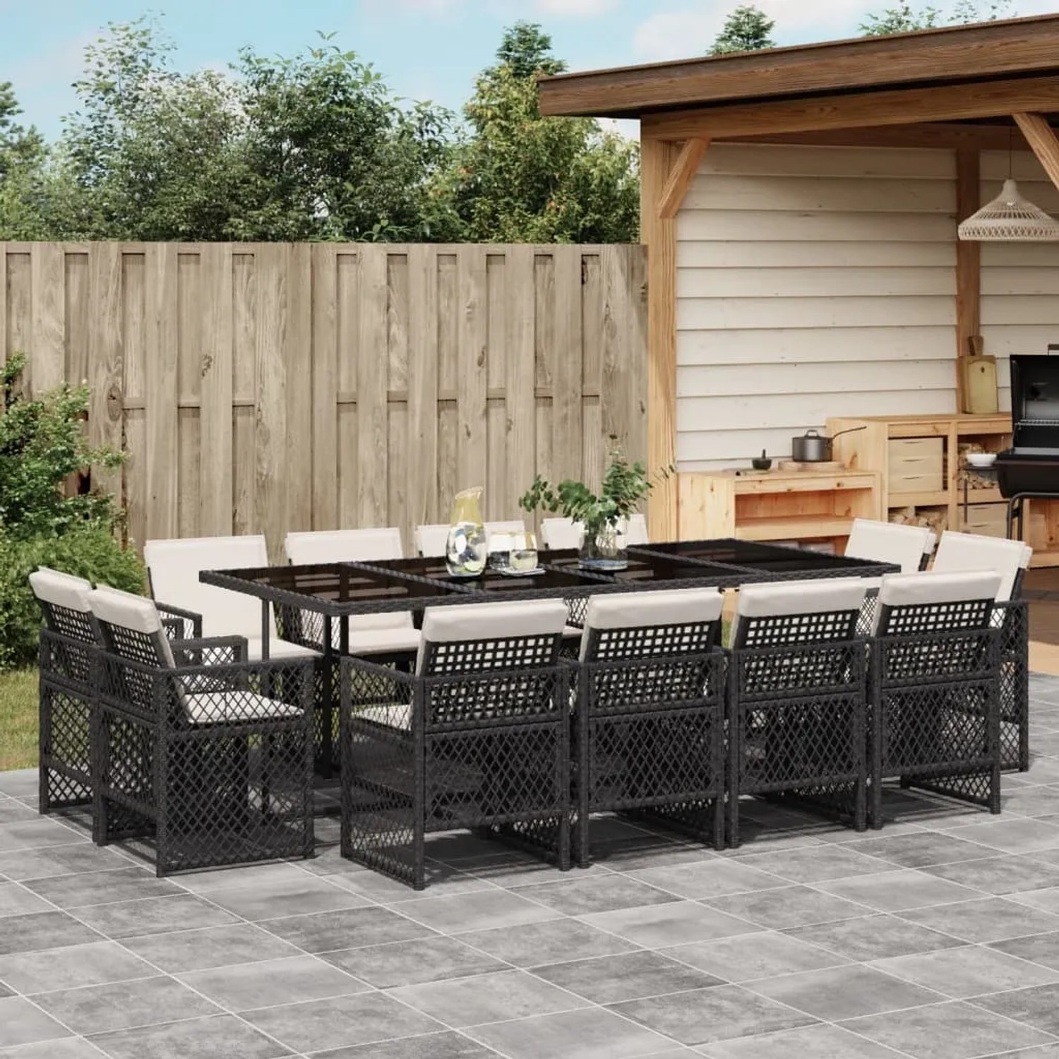 vidaXL 13-tlg. Garten Essgruppe aus Poly Rattan mit Kissen, schwarz. Gartenmöbel Set mit Tisch und 12 Stühlen.