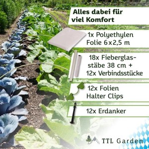 TTL GARDEN Folientunnel Set FLEX L 6x2,5m mit PE Folie, Stäben, Clips und Erdankern im Gartenbeet. Ideal für Anzucht.