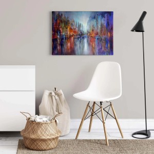 Buntes Leinwandbild mit abstraktem Stadtmotiv als Wanddeko für Wohnzimmer und Flur.