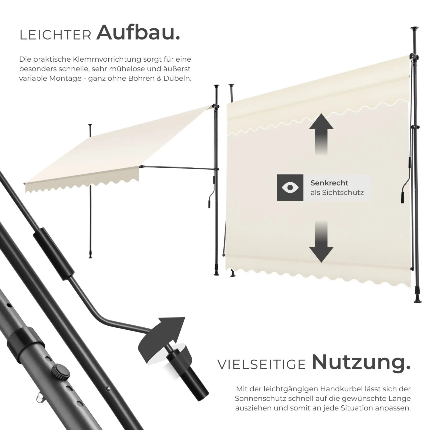 Beige Tectake Klemmmarkise mit Handkurbel als Sonnenschutz und vertikalem Sichtschutz. Einfache Montage ohne Bohren.