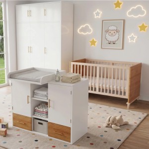 Merax Wickeltisch & Gitterbett Set in Weiß/Naturholz im Kinderzimmer. Wickeltisch mit Stauraum, höhenverstellbares Babybett.
