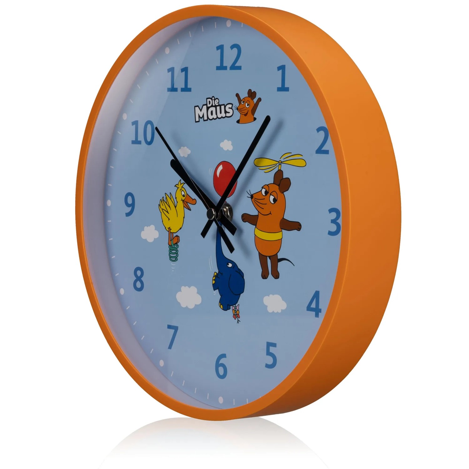 Blaue DieMaus Kinderwanduhr (Ø 25 cm) mit Elefant-Motiv für das Kinderzimmer.