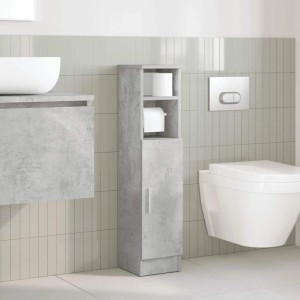 Schlanker Badezimmerschrank Betongrau mit Rollenhalter, offenem Fach und Tür, im modernen Bad. Ideal für Stauraum.