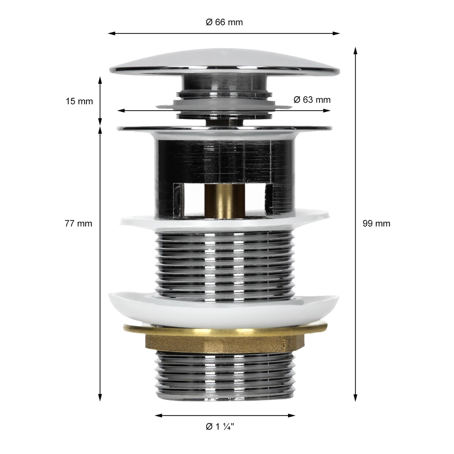 Detailaufnahme Ablaufgarnitur für ECD Germany Waschbecken, Chrom, mit Maßangaben.