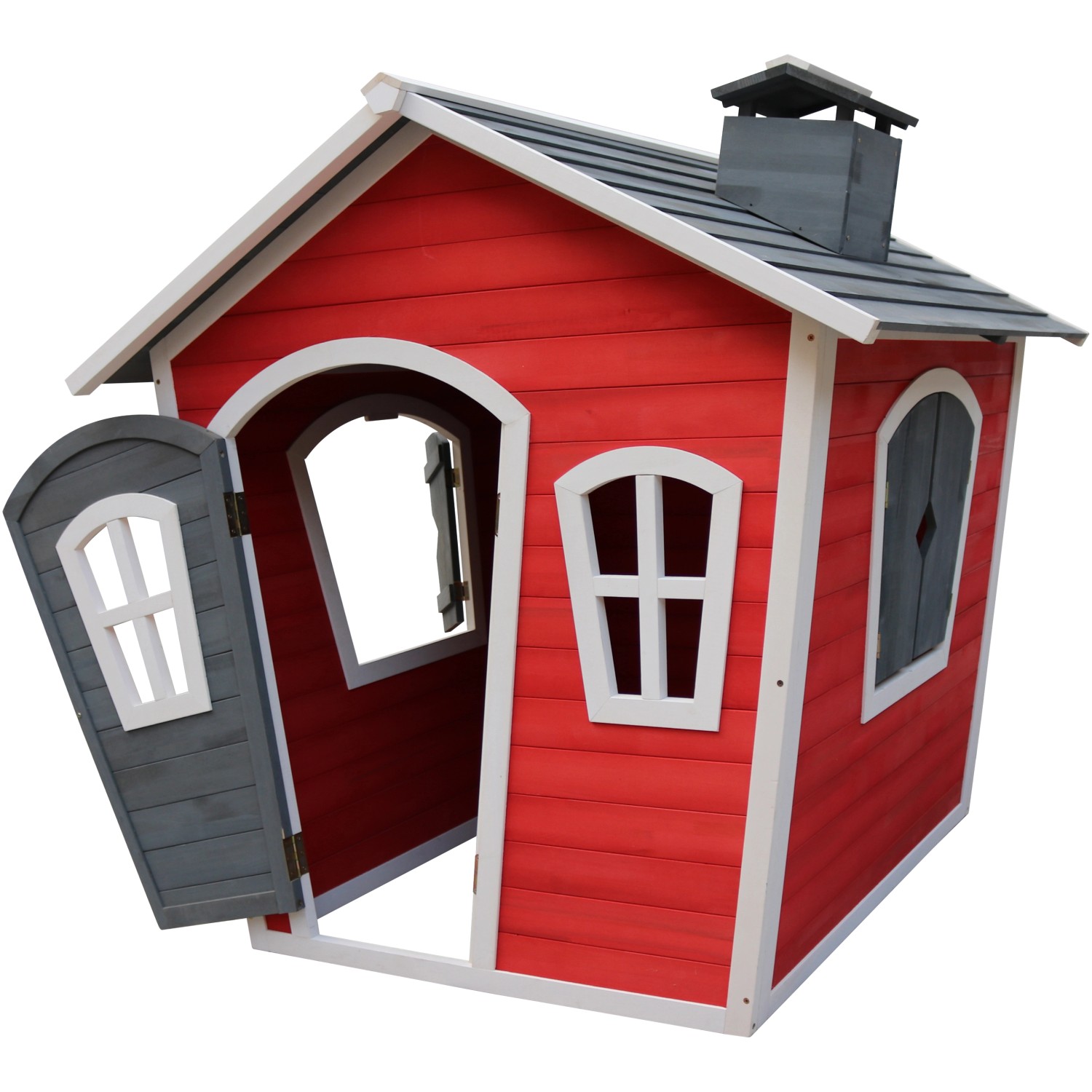 Axi Spielhaus Olaf, rot-graues Holzhaus mit Fenster, Tür und Schornstein für Kinder.