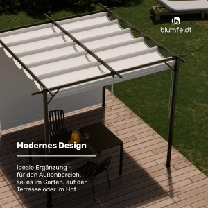 Beige Blumfeldt Pantheon Pergola 3x3m mit Rollläden und Tisch auf Terrasse.