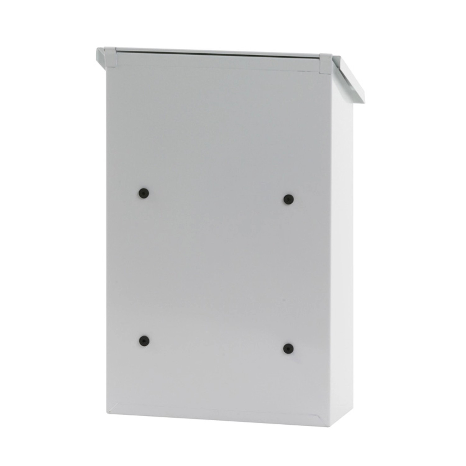 Weißer PROREGAL Wandbriefkasten Toledon mit Schrägdach und Zylinderschloss.