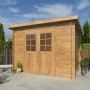 Braunes Palmako Gartenhaus Alice aus kesseldruckimprägniertem Holz mit Doppeltür und Fenster.