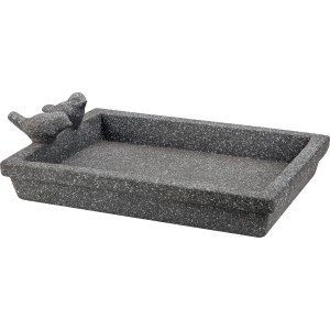 Eckige, dunkelgraue Vogeltränke aus Zement mit Vogel-Dekor, 32x22x8cm.